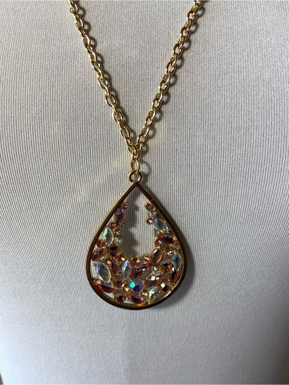 Vintage Gold Teardrop Necklace with Iridescent and Pink Crystals